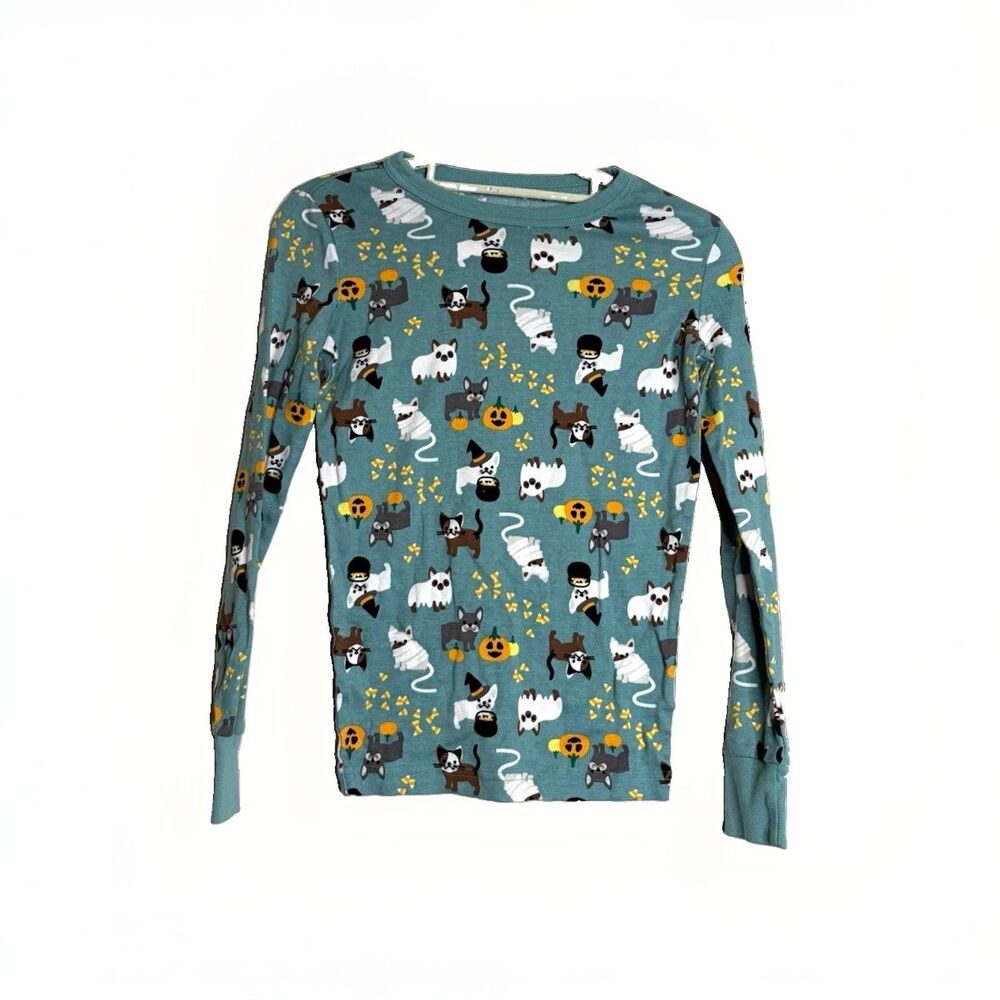 Lands' End Kids Pajama Top Size 14 Green Cotton Knit Long Sleeve Halloween Dogs